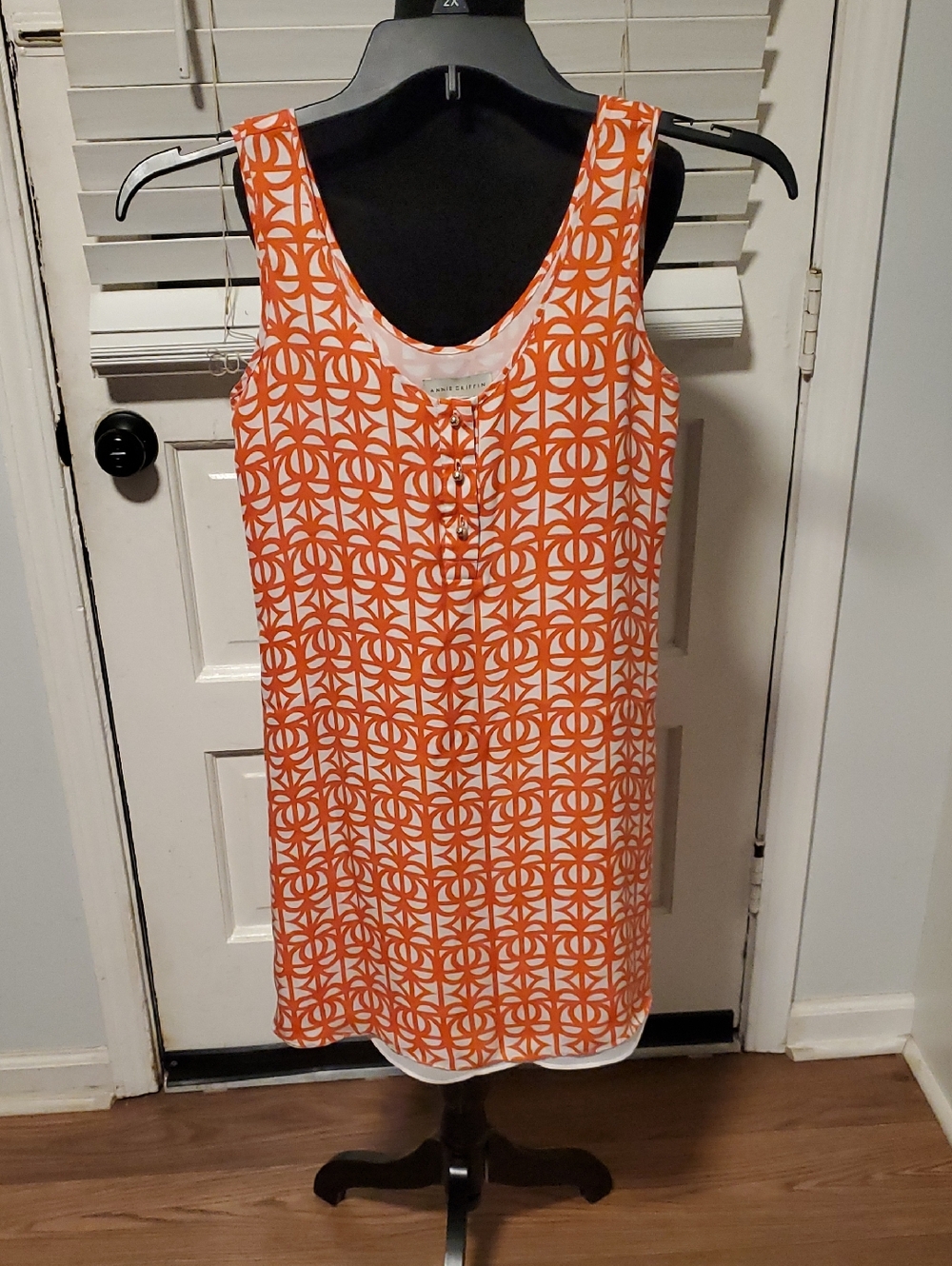 Annie Griffin Orange and White Geometric Sleeveless Silk Dress